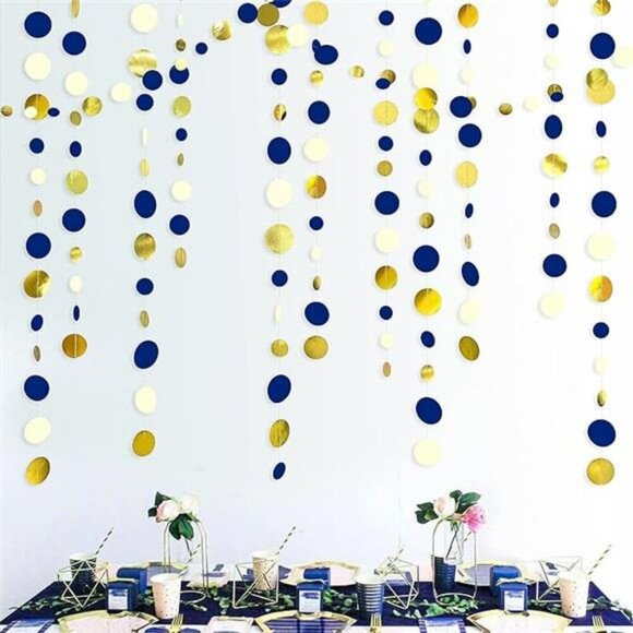 Navy Blue Gold Dot Garland 46FT Polka Dot Banner Party Wedding Baby Shower - Picture 7 of 7